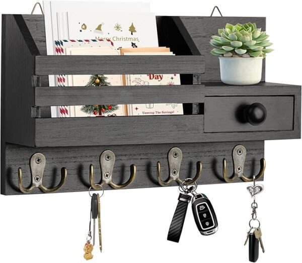 Wall Key Holder & Mail Organizer with Hooks & Mirror