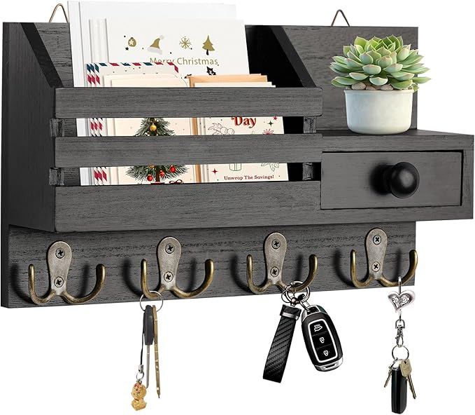 Wall Key Holder & Mail Organizer with Hooks & Mirror